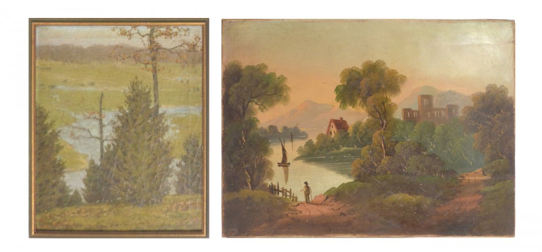 Two Landscapes, Oil on Canvas: One depicting a marshland from a raised knoll, the other a river scene with boats, a chateau, and a figure. One framed, one unframed. [Unframed Art: 24" H x 32" W]. Both bear surface grime and minor i
