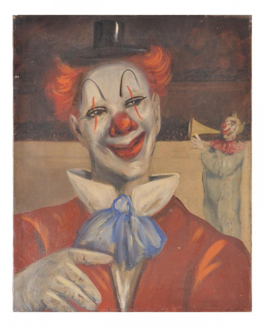 Oil on Canvas, Portrait of a Clown: Featuring a circus clown with another clown in the background. Signed bottom right. Unframed. [Art: 20" x 16"]. Surface grime.