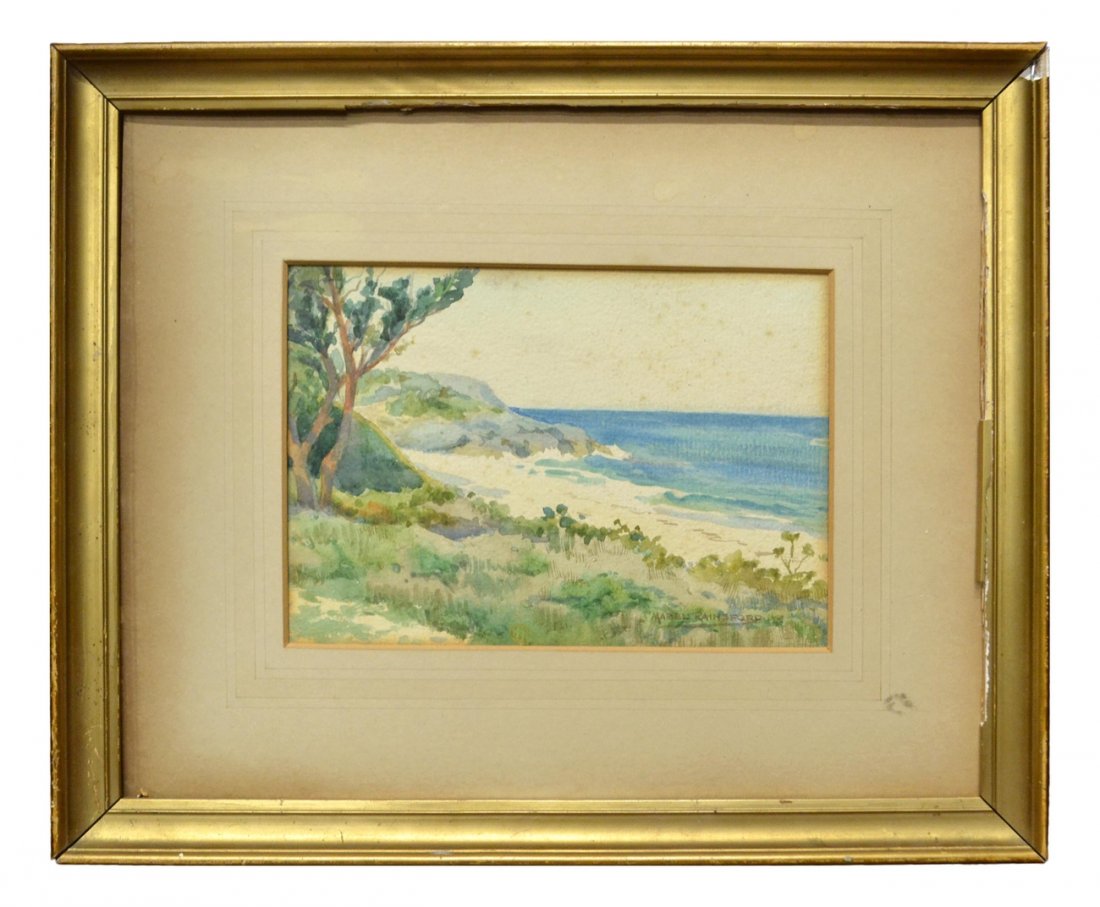 Mabel Rainsford, Watercolor - Sand Coast: Featuring a scenic oceanfront with jutting rocks and white sand. Signed bottom right. [Art (sight): 4 5/8" x 6 5/8"; Frame: 10 1/8" x 12 1/4"]. Light toning, light foxing.