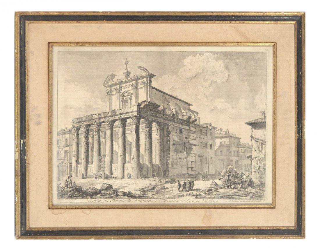 Piranesi Architectural Study Etching: Depicting the facade of the "Tempio de Antonino e Faustina in Campo Vaccino". [Sight: 16 1/2" H x 22 1/4" W; Frame: 23 1/4" H x 29" W]. Light toning.