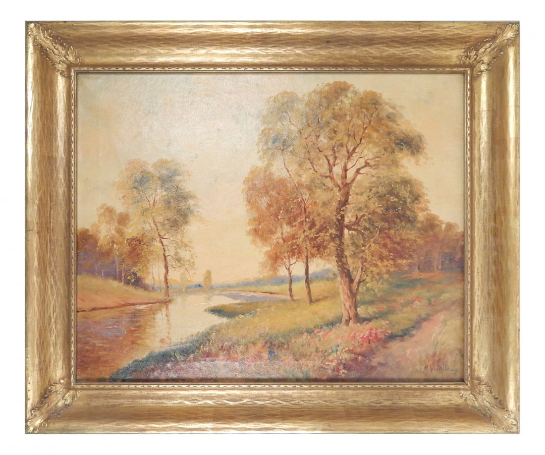 Early 19th Century Landscape: Oil on canvas of a sunset in autumn. Signed lower right "M. Vitollo". [Sight: 19 1/2" H x 24 1/2" W; Frame: 25 5/8" H x 30 5/8" W]. Half-inch long tear left center. Surface grime and minor imperfectio