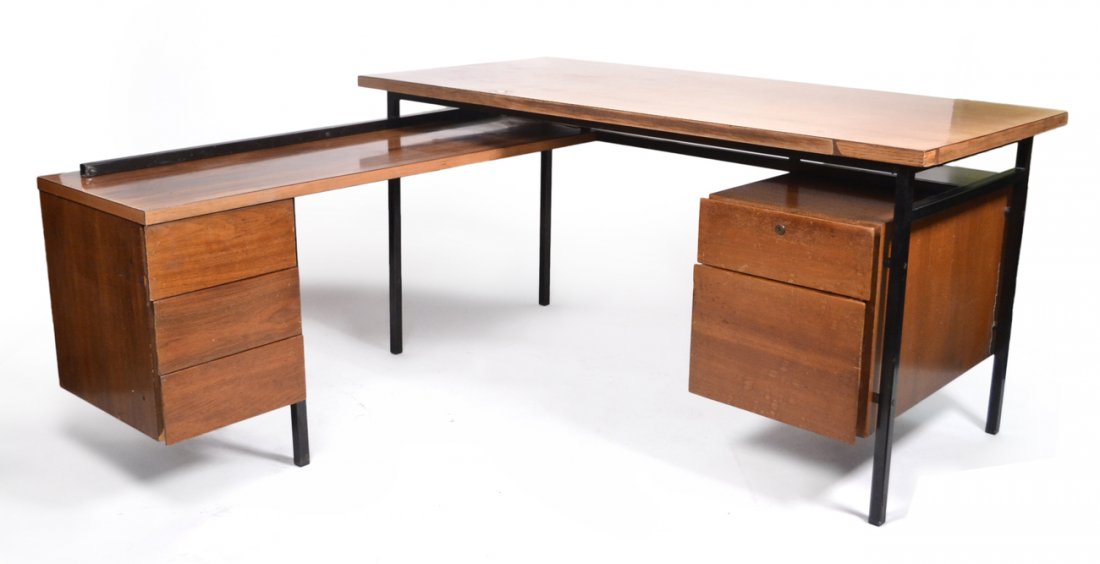 Modern Knoll L-Form Desk: Two-section modern wood and metal desk having six drawers total. [60" W x 28" D x 29 1/2" H]. Worn.
