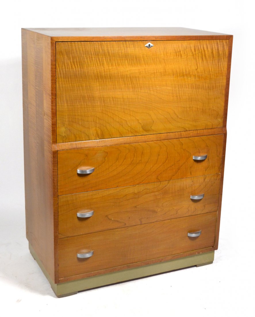 Gilbert Rhode, Flame Maple Secretary: Fiddleback maple fall-front secretary with fitted interior bearing one shelf above seven cubbies and two drawers. Features three lower drawers with demilune satin nickel pulls. [35" W x 20" D x 47" H]