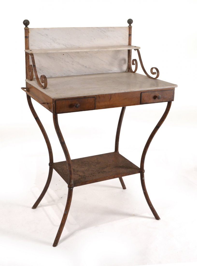 American Metal and Marble Washstand: American country (19th Century) faux painted metal washstand with white marble top, shelf, and back rail with towel rack sides and two small drawers. [28" W x 18" D x 41 1/2" H].