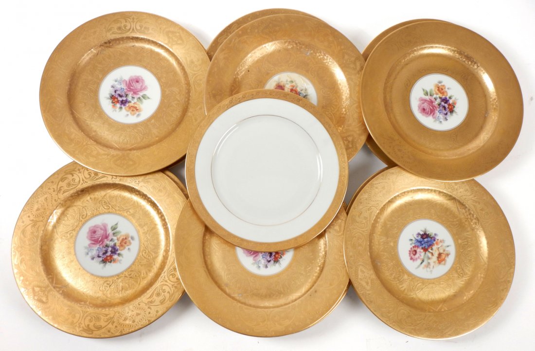 13 Gold Rimmed Porcelain Dinner Plates: 1 Limoges, 5 Czechoslovakian flower motif, and 7 Royal Bavaria flower motif plates. [Royal Bavarian: 10 3/4" Dia]. Overall good condition.