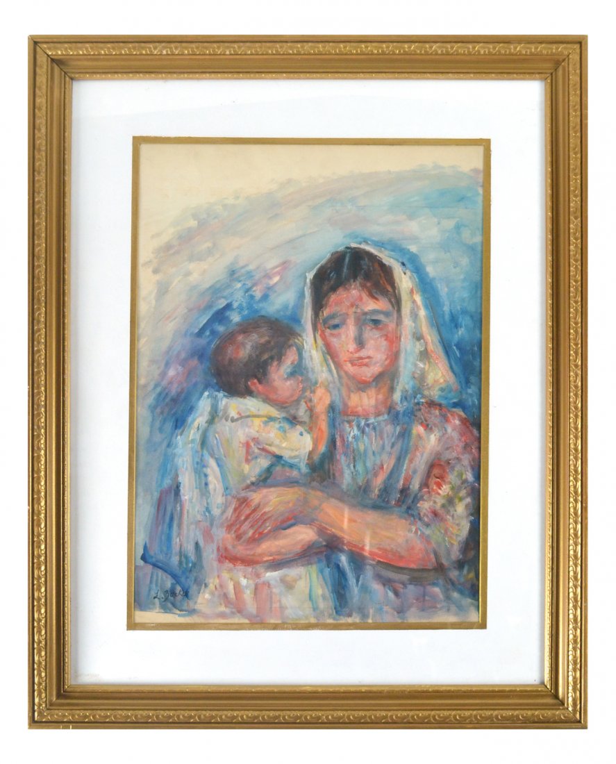 Jacques Zucker - Mother and Child: Impressionist oil on paper portrait of a mother in a bust-length full-profile pose holding her child with back to viewer. Signed bottom left "J. Zucker". Matted and framed under glass. [Art: 21 3/4" x