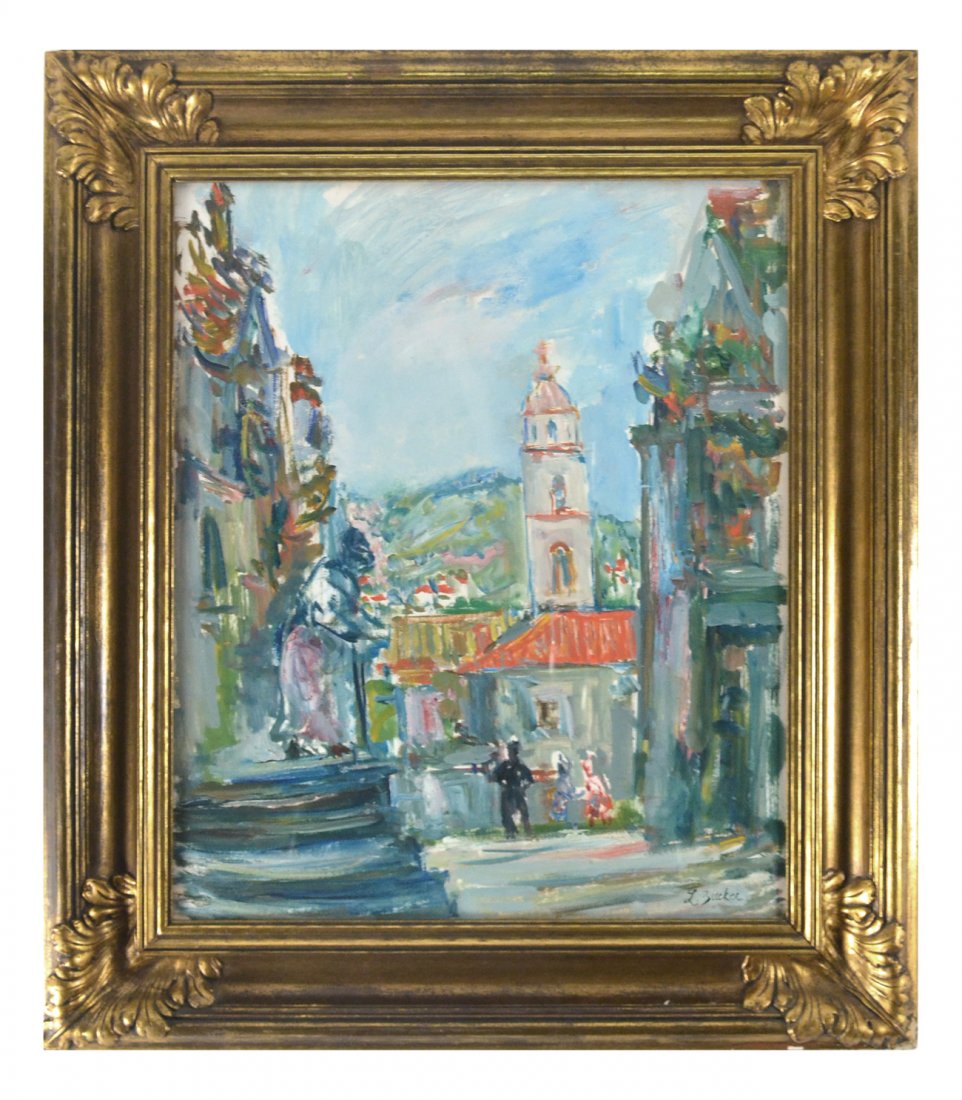 Jacques Zucker - Town Scene: Impressionist oil on paper view of town buildings with church steeple and mountain in background. Signed bottom right "J. Zucker". Contained under glass in carved wood and gesso gilt frame. [Art: 23 1
