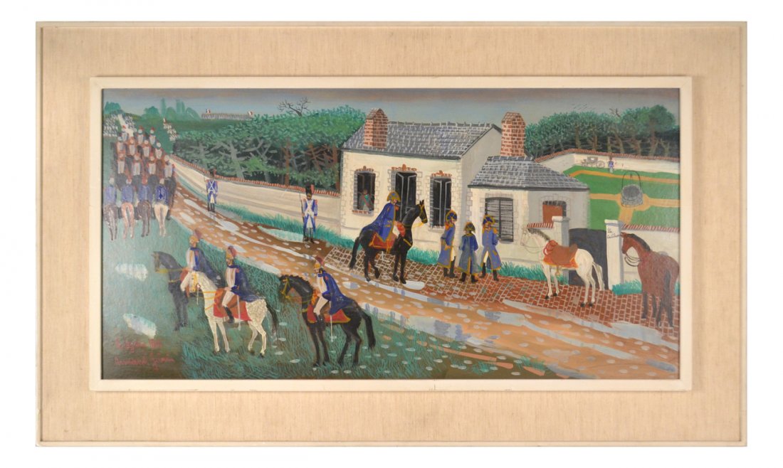 Armand Marie Guerin, Colonial Haiti: Oil on masonite featuring colonial French calvary posted outside a guard post with battalions in the distance. Signed and dated (date of scene) bottom left. [Sight: 20" H x 39" W; Frame: 29" H x 48" W