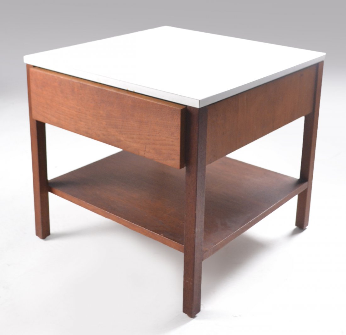 Knoll Mahogany Bedside Stand: Two tier, one drawer bedside table with white composite top. [19 1/2" W x 19 1/2" D x 18 1/4" H]. Some nicks and scratched throughout, having scuffs and marks to top surface.