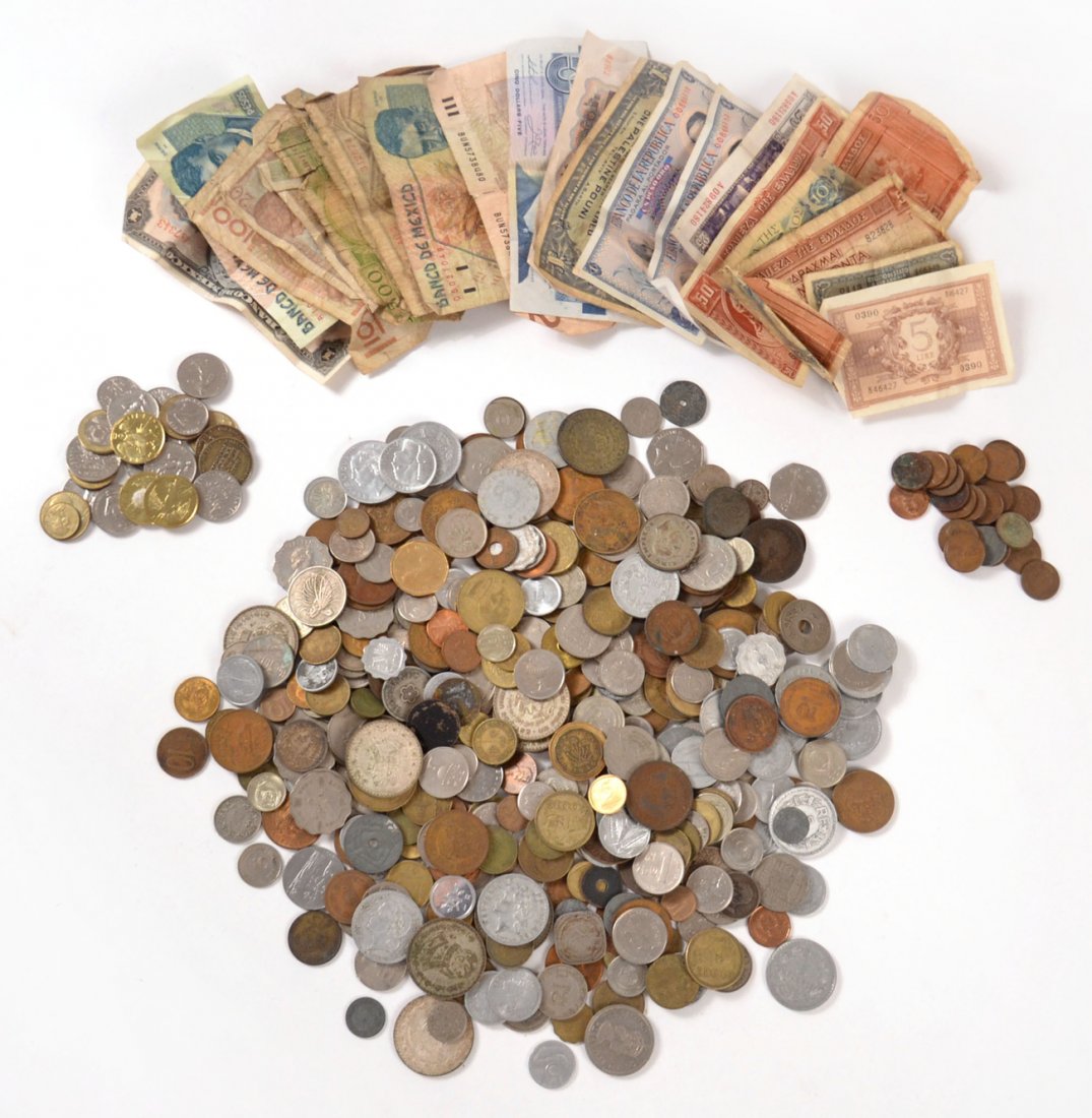 Vintage 20th C. International Currency: Comprises paper and coin money in various denominations. Countries include: Mexico, France, Greece, The Anglo-Palestine Bank Ltd., Columbia, Spain, Italy, Ireland, Great Britain, Israel, Colonial Fiji