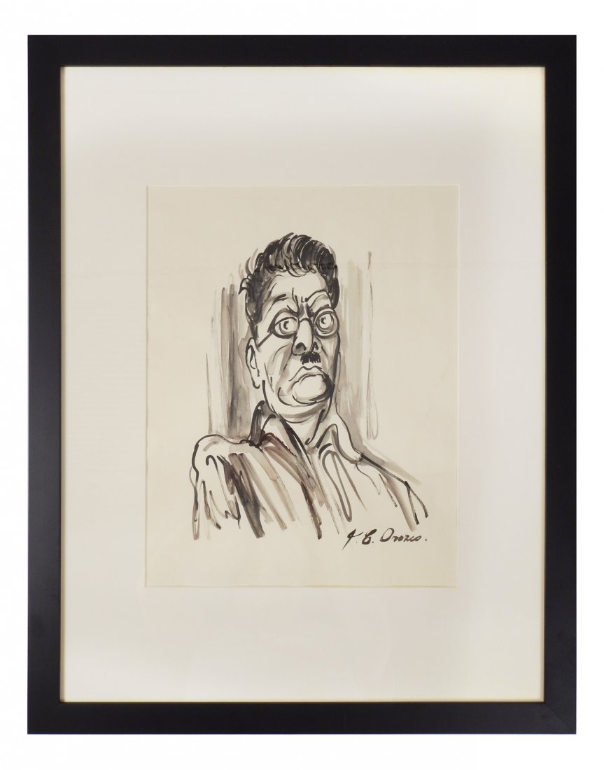 Jose Clemente Orozco, Self Portrait: Ink and wash bust length 3/4 profile self portrait by the artist. Boldly signed bottom right "J.C. Orozco." [Art: 11 3/4" x 9" on larger sheet]. Matted and framed under glass [26" x 20"]. In good cond