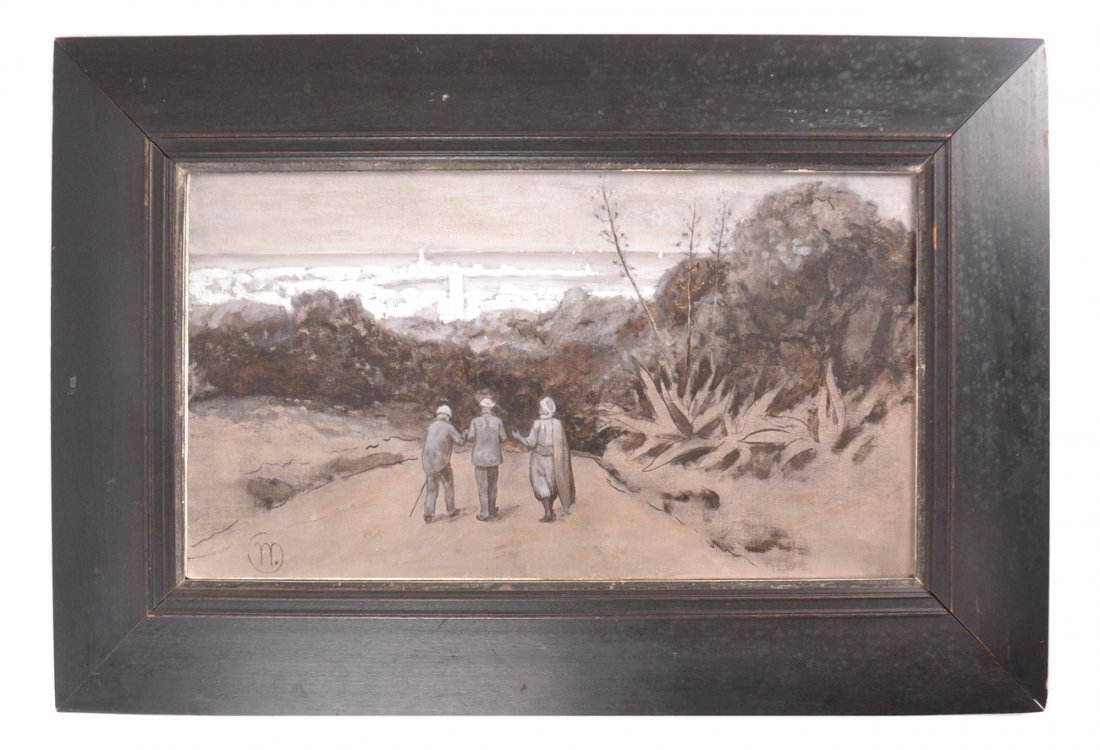 Pilgrims to Mecca, Oil on Canvas: Depicting three men walking on a path towards Mecca. Monogrammed bottom left, verso of painting attributed the work to Marcus Waterman. Inscribed that painting previously belonged to the Boston Graphi