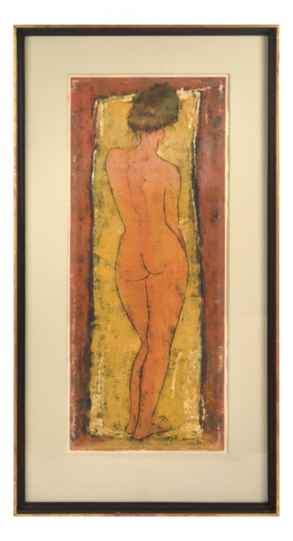 Angel Botello, Linocut - Standing Nude: Full length standing female nude with back to viewer. Signed bottom right "Botello". [Image: 32" x 12 7/8" on larger sheet; Matted and contained under glass in a wood frame: 41 1/4" x 21 7/8"]. Minor