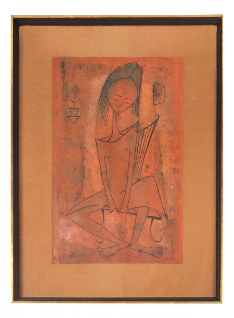 Angel Botello, Linocut - Seated Girl: Full-length depiction of a girl seated in chair with flower pot at upper left and window upper right. Signed bottom right. "Botello". [Image (visible in matte): 27" x 17"; Matted under glass and frame