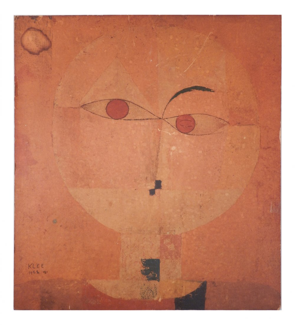 Decorative Paul Klee Print: Offset lithograph of a portrait by Paul Klee mounted on masonite. Unframed. [Overall: 20 1/4" x 18 1/4"]. Wear at edges, scuffs, scratches, and stain at top left.