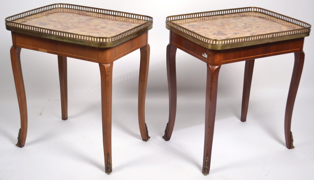 Pr. Louis XV-Style Marble Top Low Tables: Rectangular low tables with pierced galleries, marble tops, bronze accents, and string inlay. [18" W x 13 1/2" D x 20" H].