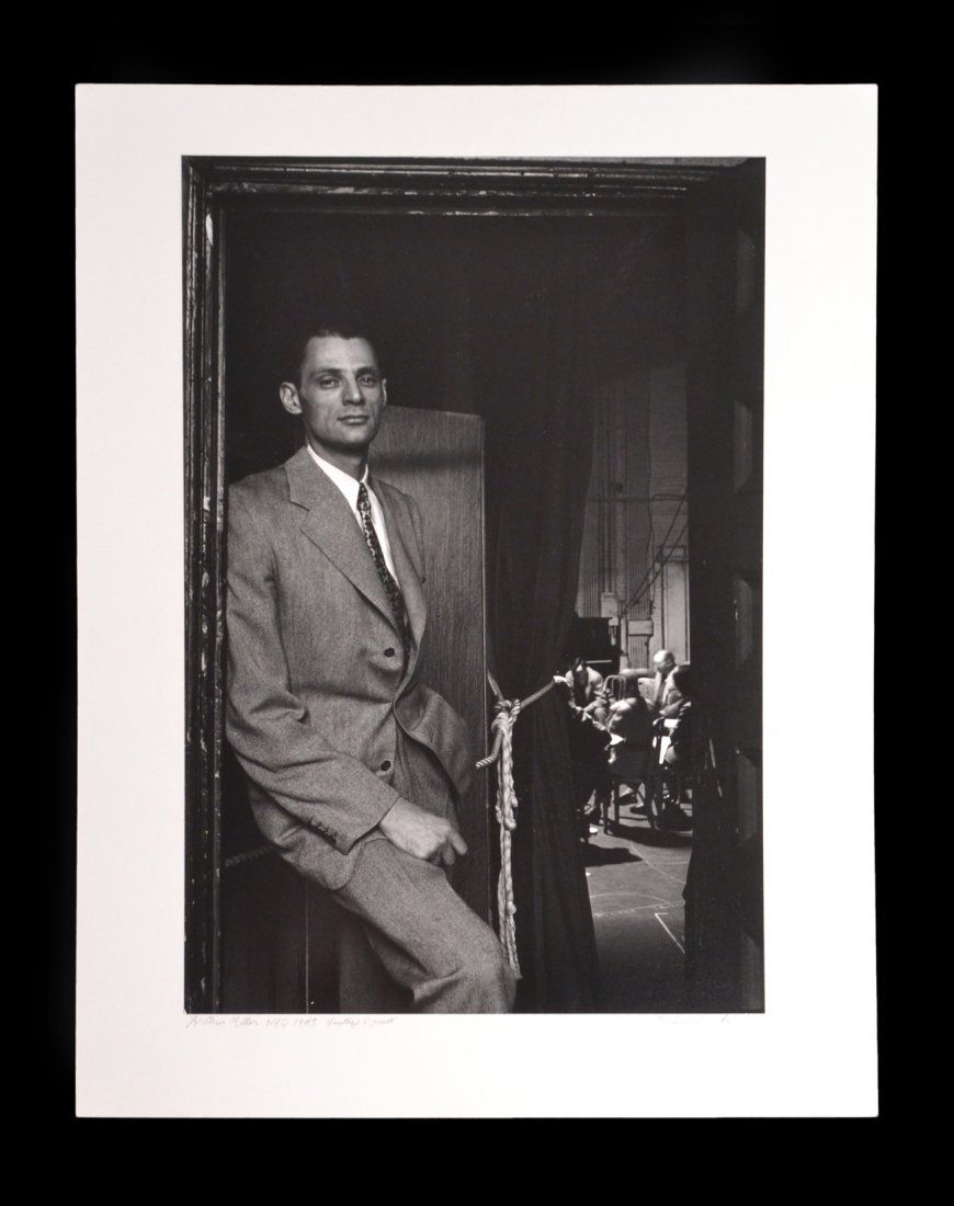 Arnold Newman, Photograph - Arthur MIller: Gelatin silver print portrait depicting Arthur Miller in a 3/4 length standing full-profile pose backstage in a theatre. Inscribed on mount in bottom margin "Arthur Miller NYC 1947 Vintage Print c Arn