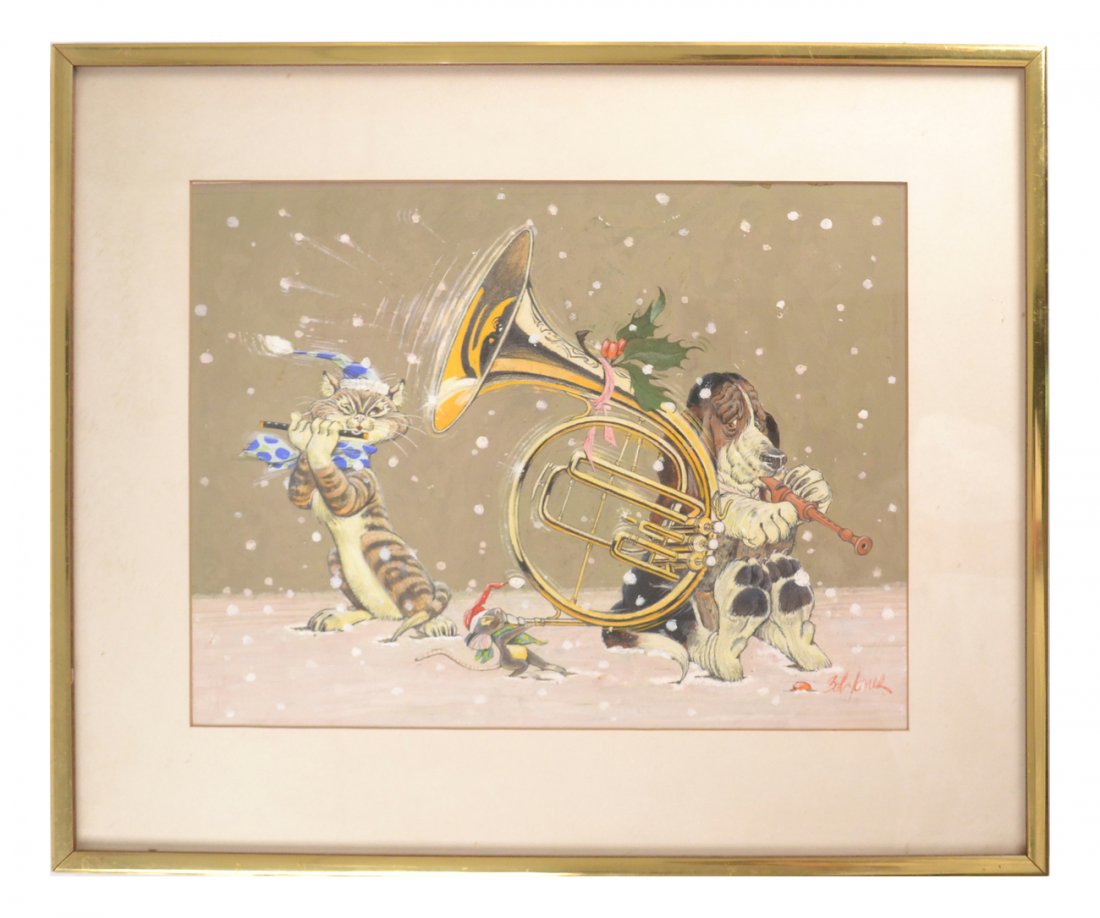 Bob Jones, Gouache - Musical Animals: Whimsical composition with cat, mouse, and bloodhound playing wind instruments. Signed bottom right "Bob Jones". [Image 13" x 17"; Matted and contained under glass in a wood frame: 19 7/8" z 23 1/2"].