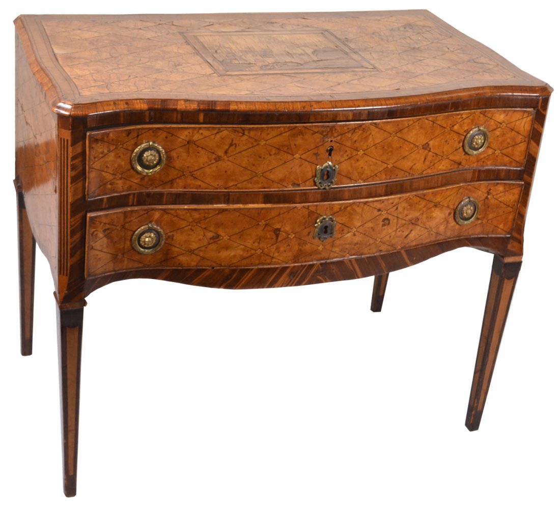 18th-19th C. Parquetry Vanity: French vanity with one drawer and an inlaid scene of a village, as a center medallion; inlaid legs. [32 1/2" L x 18" Dia x 28 1/2" H]. Good condition as with age, minor losses.