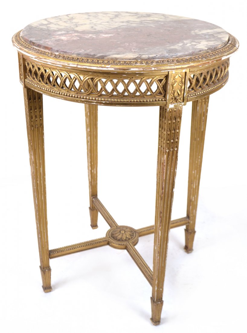 Antique French Marble Inset Table: 18-19th century giltwood bouillotte table. [23" Dia x 31" H]. Some breaks along apron.