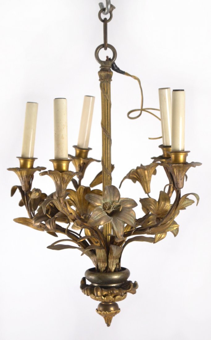 Bronze Floral Five-Light Fixture: Bronze floral five-light fixture. [14" Dia x 18" H]. Bent arm.