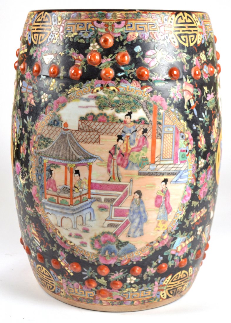 Chinese Famille Noir Garden Seat: Famille Noir ceramic decorated garden seat. [12" Dia x 18 1/2" H].