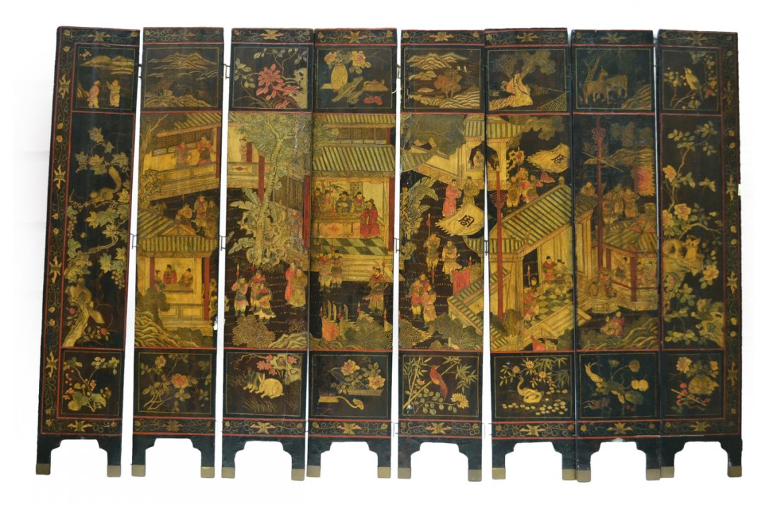 18th/19th C. 8-Fold Chinese Screen: Intricately detailed scenic lacquered screen. [Each panel: 15 1/2" W x 82" H]. Restored, cracks, losses.