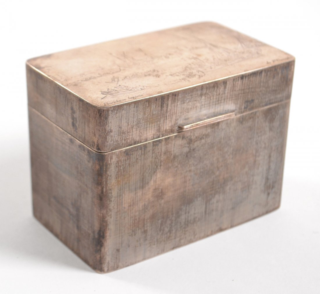 M. Buccellati, Silver Box: Incised decoration of a Venetian scene with boats. Milano-Roma - Firenze - New York. [4" W x 2 1/2" D x 3" H]. Surface tarnish. 7.8 ozt.