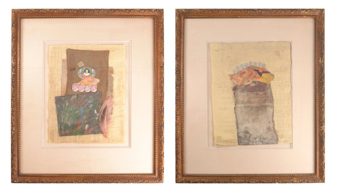 Karl Mann, Two Mixed Media Collages: Collages comprising found objects with added embellishments on rice paper. Both signed bottom right "Karl Mann '67". [Art: Larger, 17 1/4" x 13"; Smaller: 16 1/4" x 12 3/8"; Frames: 29" x 24 3/4"]. La