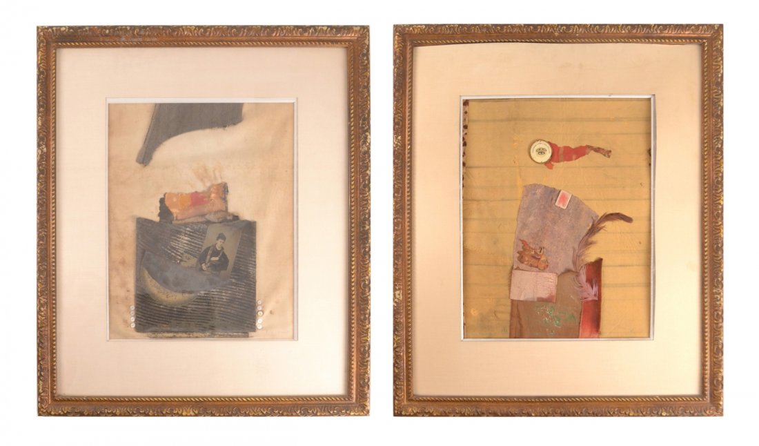 Karl Mann, Two Mixed Media Collages: Collages comprising found objects and manipulated materials including an enamel "Independent Order of Odd Fellows" pin and a 19th century photo portrait of woman. Both signed bottom right "Karl Mann,