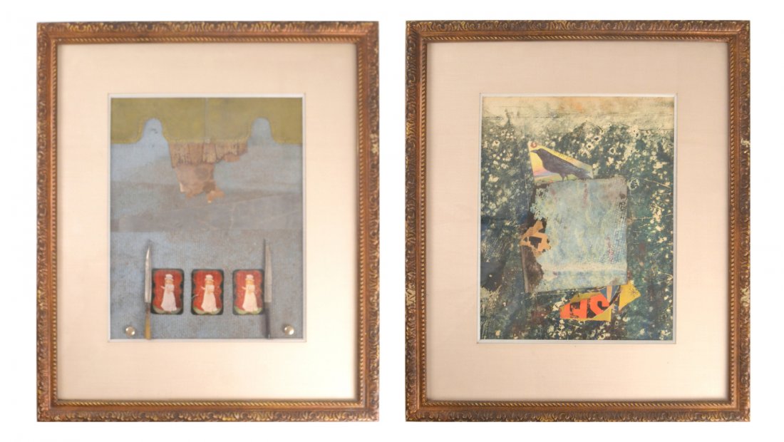 Karl Mann, Two Mixed Media Collages: Collages comprising found objects and printed material with added embellishments. Both signed at top "Karl Mann '67". [Art: 17 1/2" x 14"; Frames: 29" x 24 3/4"]. Some buckling.