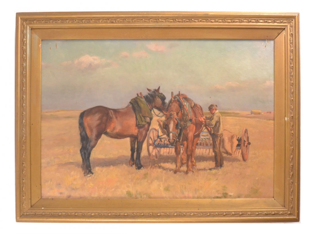 After Childe Hassam, Horses and Farmer: Oil on canvas depicting to work horses and farmer in a field with harvesting machine. Signed bottom right "Childe Hassam". [Art (sight): 19 1/8" x 28"; Frame: 24 3/4" x 33 3/4"]. Stretcher bears antiq