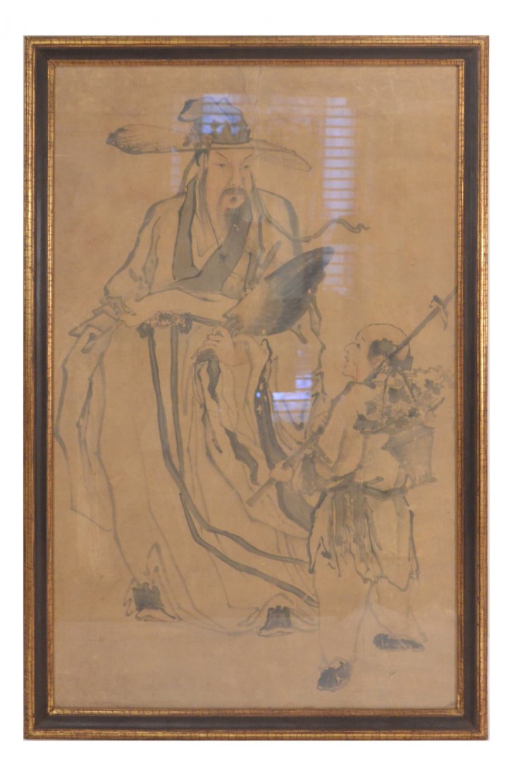 Chinese Watercolor, Portrait of a Man: Chinese watercolor, portrait of a man. [Art: 48" x 30 1/2"; Frame: 53" x 35"]. Tears, creases, sold "as is".