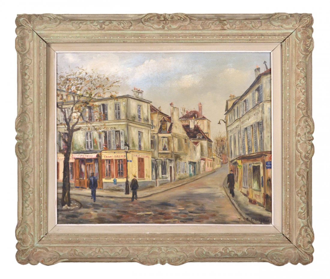 Francis le Coadic, Paris Street Scene: Framed oil on canvas of a Paris street scene, signed lower right. [Art: 22 1/2" x 27"; Frame: 33" x 38"].