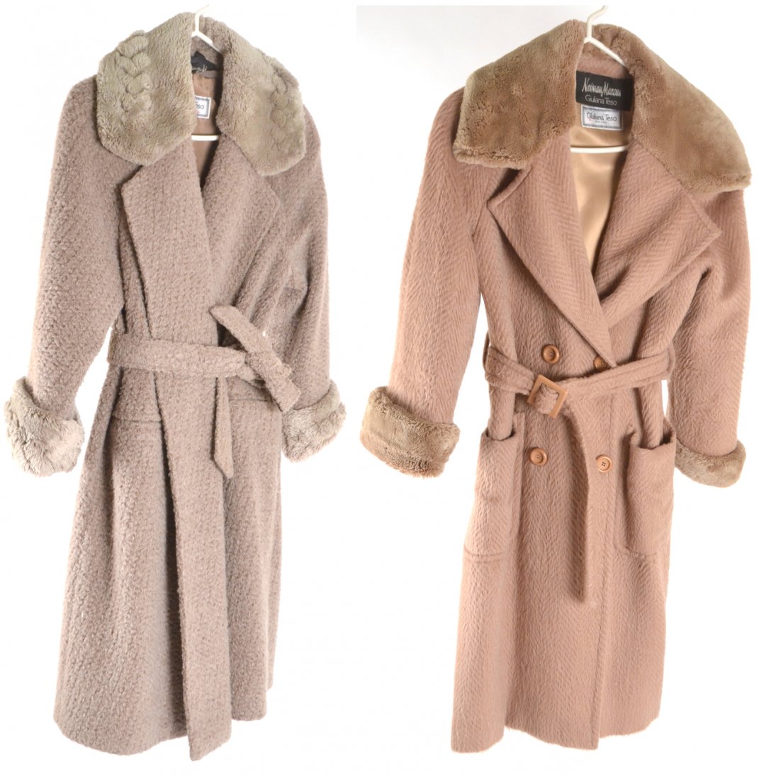 2 Giuliana Tesa for Neiman Marcus Coats: Comprises: 1.) 3/4 length coat with labels and tag "88% Alpaca/12% Lana". Bears two exterior pockets and belt. 2.) 3/4 length coat with labels and tag "45% Lana/35% Alpaca/15% Kidmo Hair". Size 42. Be