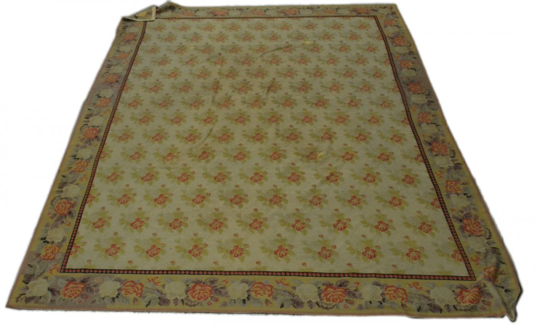 Cabbage Rose Aubusson-Style Rug: Wool rug with reinforced edges. [140" x 103"]. Soiling and one bleached area.