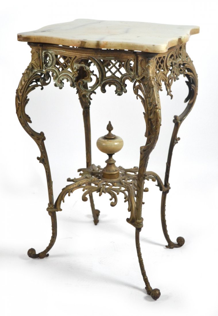 Victorian Bronze and Oynx Top Table: Ornate bronze shaped table, with an onyx shaped top, and onyx finial on base. [17" x 17" x 31" H].