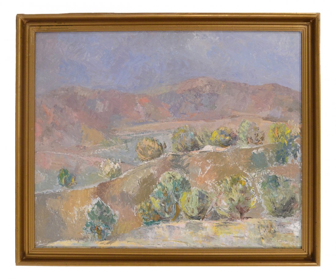 Ben Benn, Desert Landscape: Oil on masonite. Densely worked composition. Signed bottom right "Ben Benn". [Art: 23" x 28 3/8"; Frame: 26 1/2" x 31 3/4"].