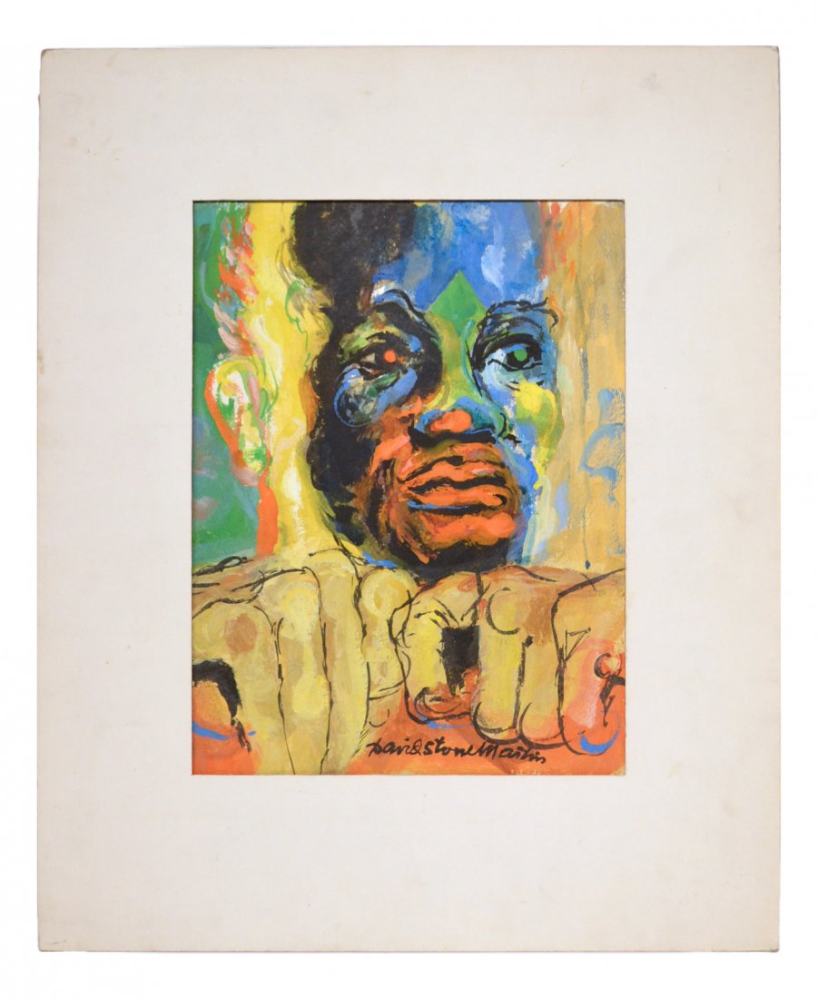 David Stone Martin, Portrait of a Man: Colorful mixed media on arches, depicts a man in 3/4 profile pose with hands raised to his chin. Signed bottom center right "David Stone Martin". [Art: 13" x 9 3/4" on larger sheet; Matted: 20 1/2" x