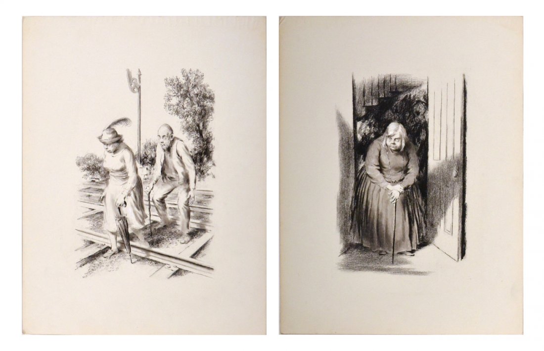 Lawrence Beall Smith, "A Rose for Emily": Two original china marker, charcoal, graphite, and gouache illustrations depicting scenes from William Faulkner's novel "A Rose for Emily". [Both artworks: 12 1/4" x 8" on Bainbridge board 18 1/4" x 1