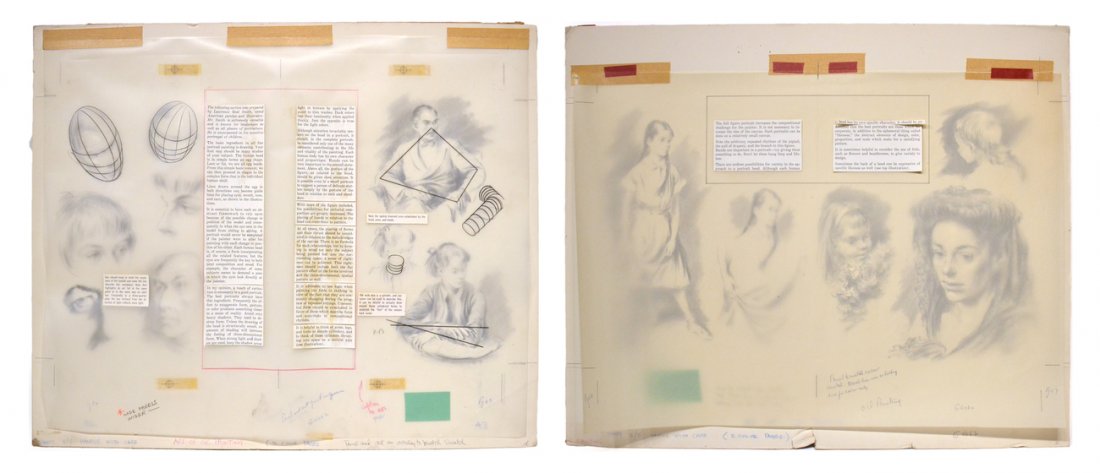 Lawrence Beall Smith, Illustration: "Art of Oil Painting". Two original boards containing four pages of pencil drawings illustrating figure drawing techniques. Each bear printer "mechanical" overlays and production notes at bottom edges