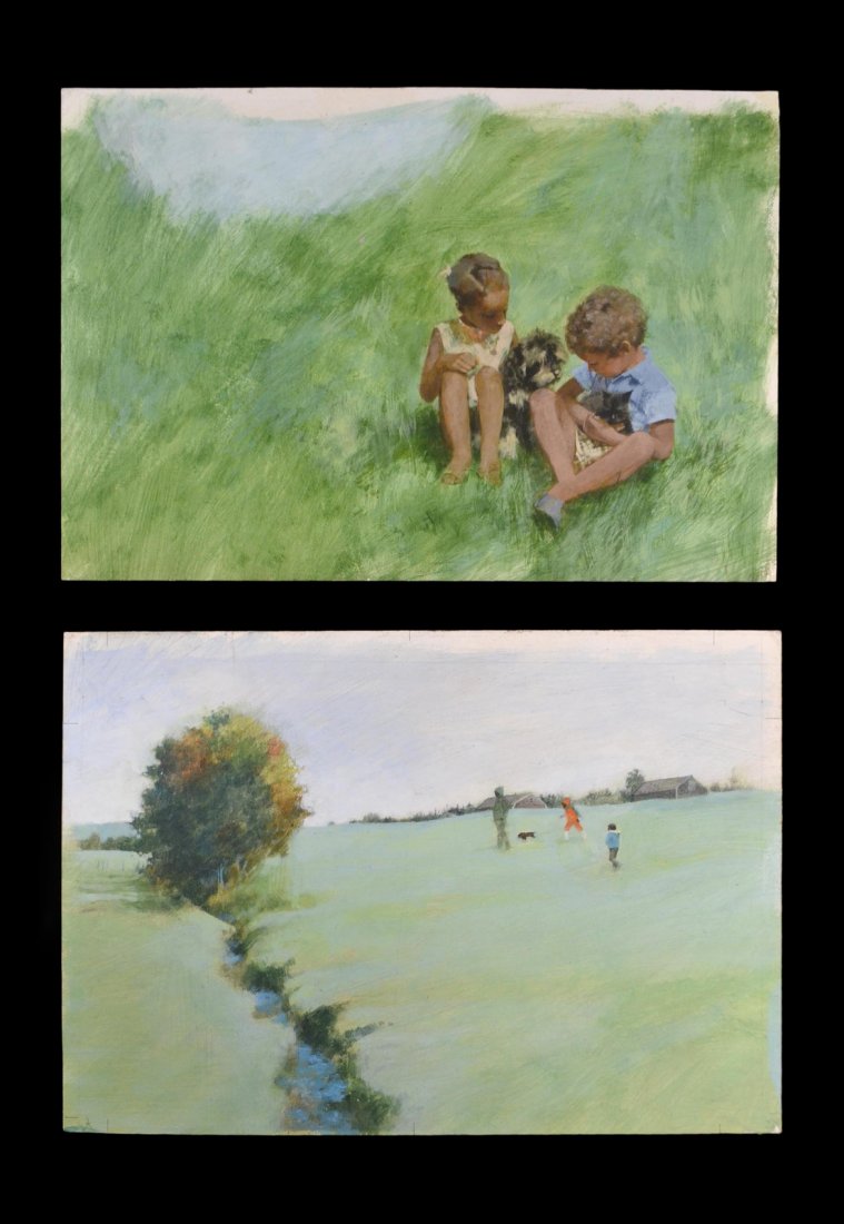 Muriel Wood, 2 Children in Landscape: Comprises: 1.) Young boy and girl in tall green grass with dog and cat. [Art: 14" x 20 1/4" on conforming board. 2.) Three children in pasture with creek in foreground and farm buildings in distance. 