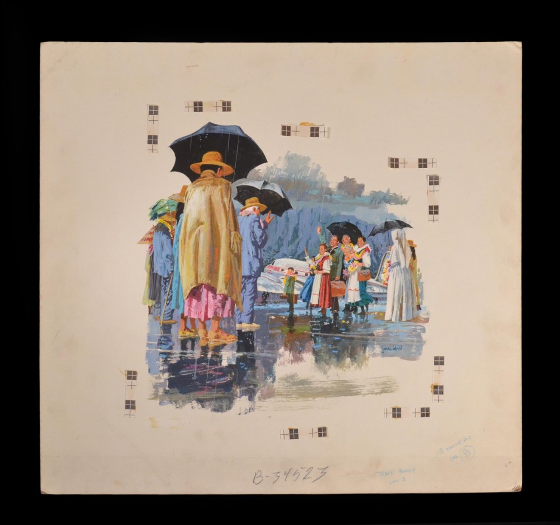 James Hill, Von Trapp Family in Hawaii: Colorful illustration depicting the singing Von Trapp family on a Hawaiian tarmac waving goodbye to fans as a plane awaits in the background. Signed lower right. Verso bears a "Family Weekly" rubber s