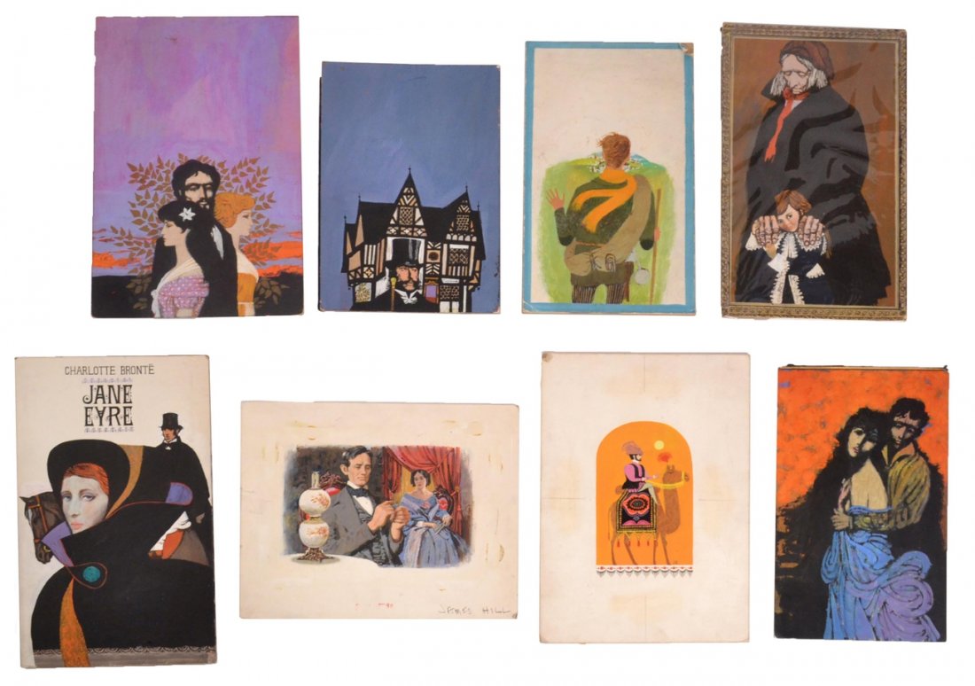 James Hill, Book Cover & Magazine Illus.: Comprises 7 book covers and 1 magazine illustration on artist board accomplished variously in pen and ink and gouache. Titled works include "Jane Eyre" by Emily Bronte, "Silas Marner" by George Eliot,