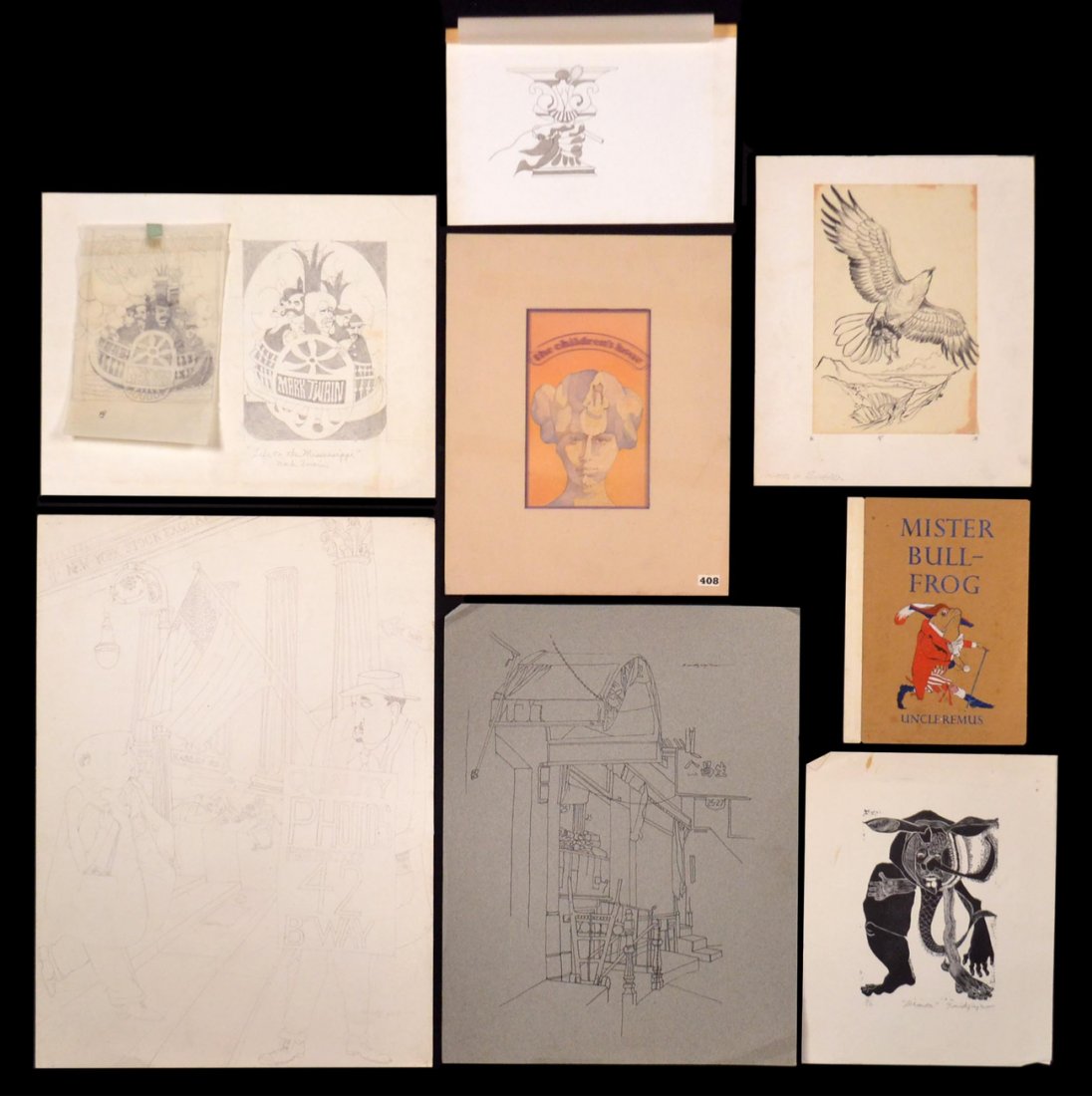 Alexander Gnidziejko, 9 Original Works: Includes two book cover illustrations for "Life on the Mississippi" by Mark Twain; NY Stock Exchange pencil on paper scene; "Demon" woodblock; interior architectural study; "The Children's Hour" water