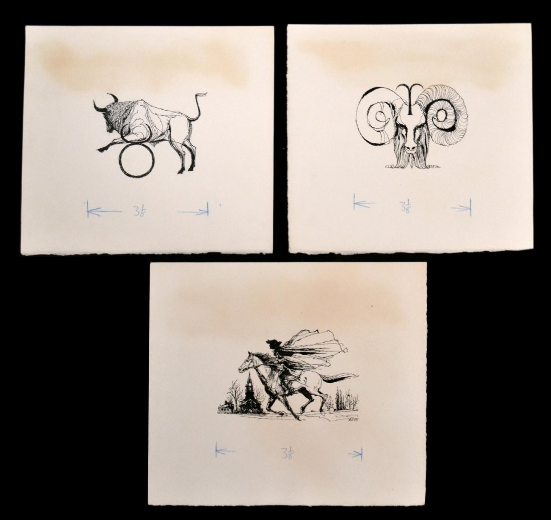 David Stone Martin, 3 Pen and Ink Illus.: Includes "Taurus", "Aries", and "Paul Revere". [Paul Revere: 7" H x 9" W]. Toning and yellowing at top center.