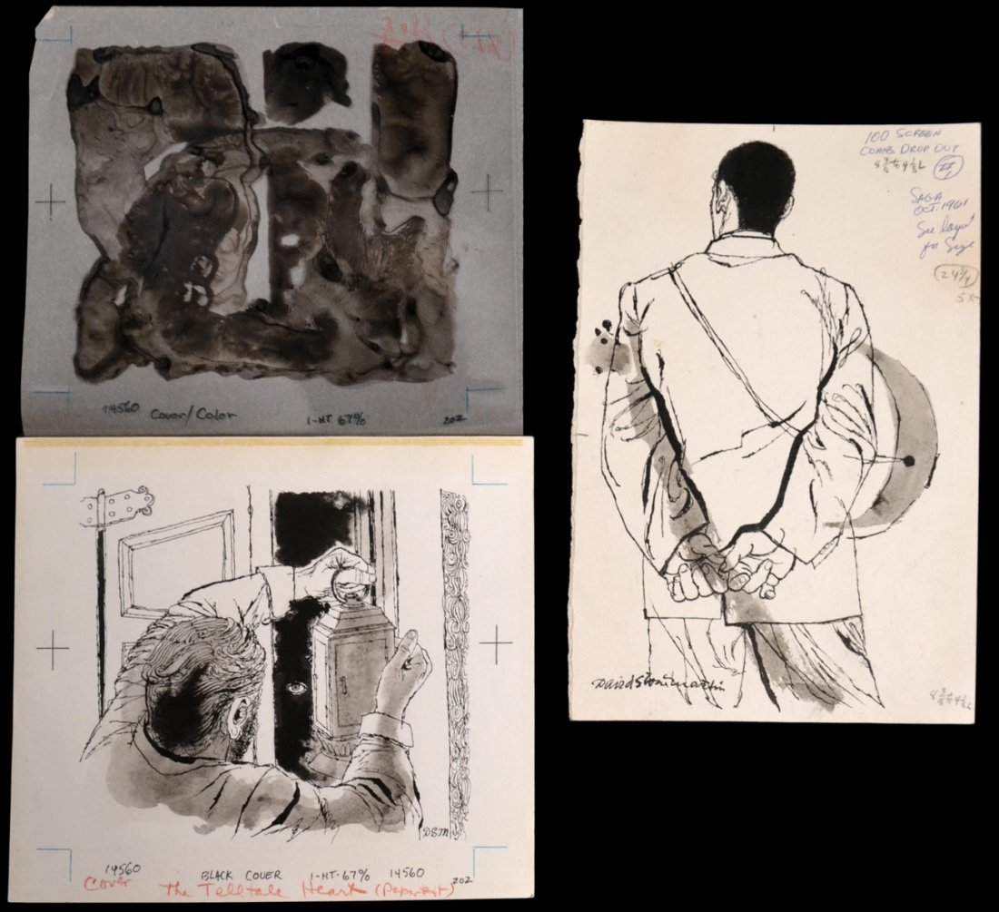 David Stone Martin, 2 Pen & Ink Illus.: One is a figural image featuring the back of a man. Signed bottom left and bears printing instructions. [10 1/8" H x 6 3/4" W]. The second features a man exposing a hidden monster with a lantern and b