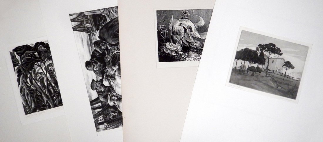 4 Signed Prints, "Print Club of Albany": Four signed prints from the "Print Club of Albany" include portfolio folders with documentation and history. Artists include Charls Capps, Robert Von Newman, Nora Urwin, and Dorothy Lathrop. [Average 