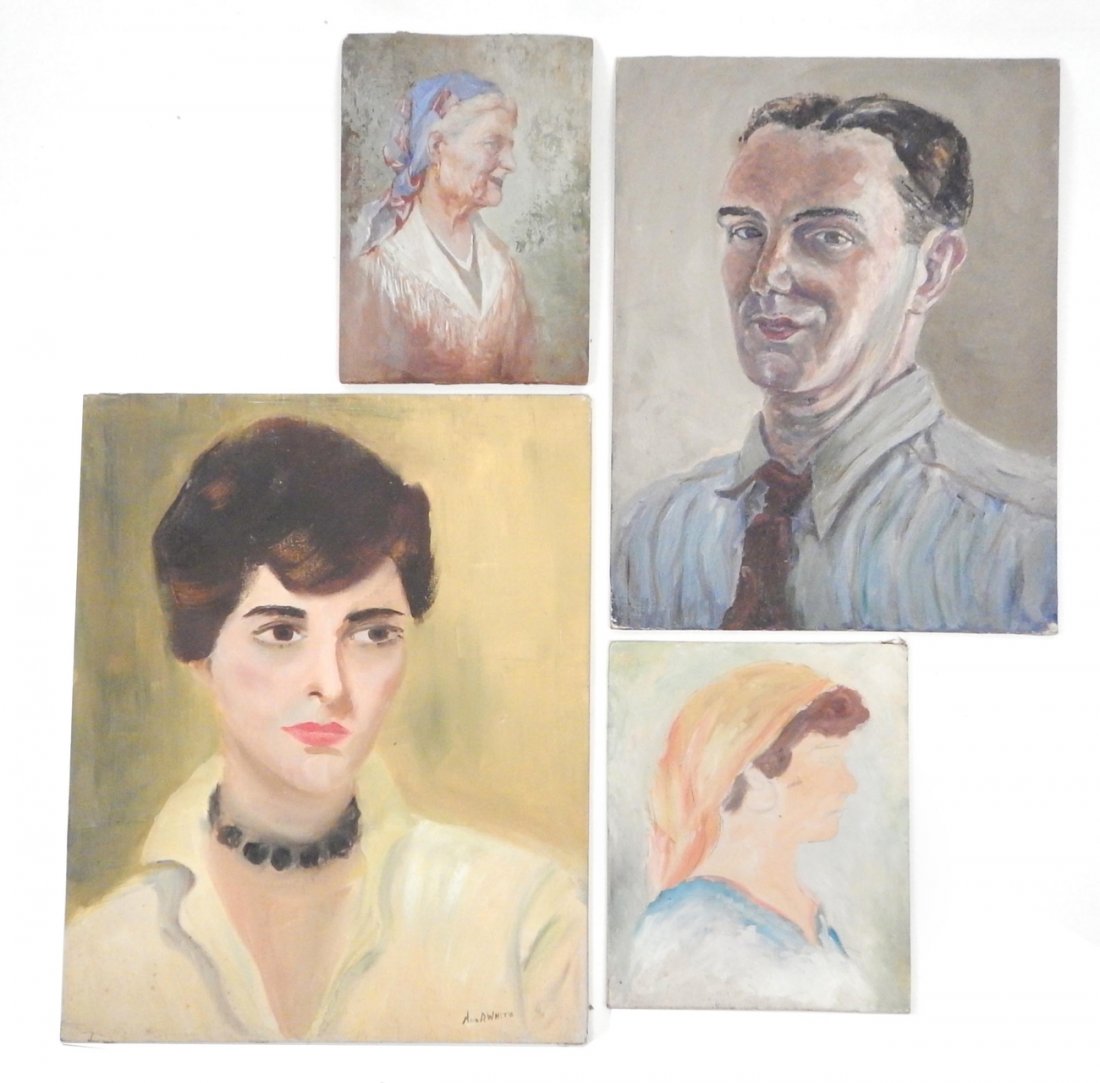 4 Portraits, Oil on Board: Four bust-length portraits; 3 on artist board and one on wood. One is by Hudson Valley School artist Ann White. [Sizes from: 9 1/2" H x 6 3/4" W to 18" H x 14" W]. Surface grime, minor imperfections, 