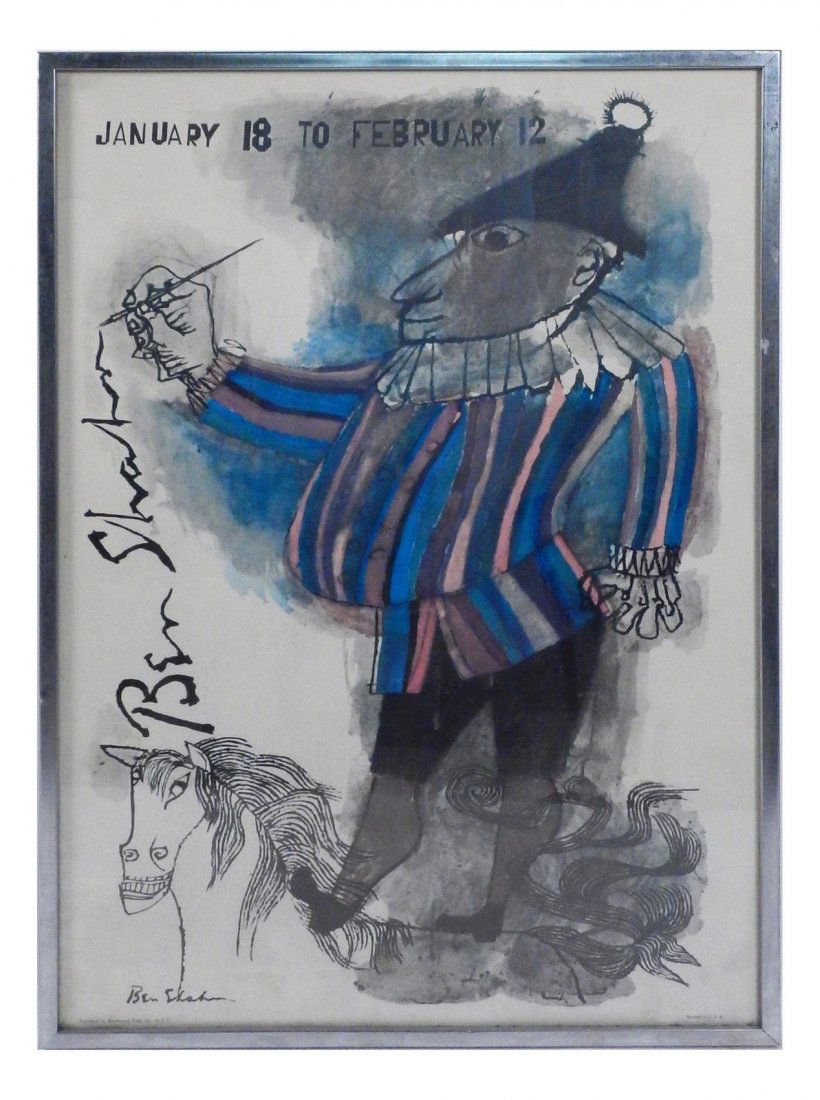 Vintage Ben Shahn Exhibition Poster: Framed under glass. [Sight: 27 1/2" H x 19" W; Frame: 28 3/4" H x 20 1/4" W]. Light toning, overall good condition.